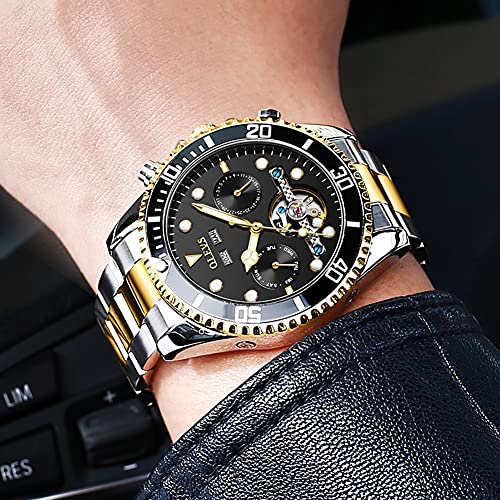 Automatic Watches For Men Silver Gold Tone Stainless Steel Watch Black Skeleton Mechanical Men's Self Winding Round Large Dial Wrist Watches Fashion Tourbillon Men Luxury Waterproof Sport Watch With Date For Male Classic Luminous Reloj De Hombre #TOP4
