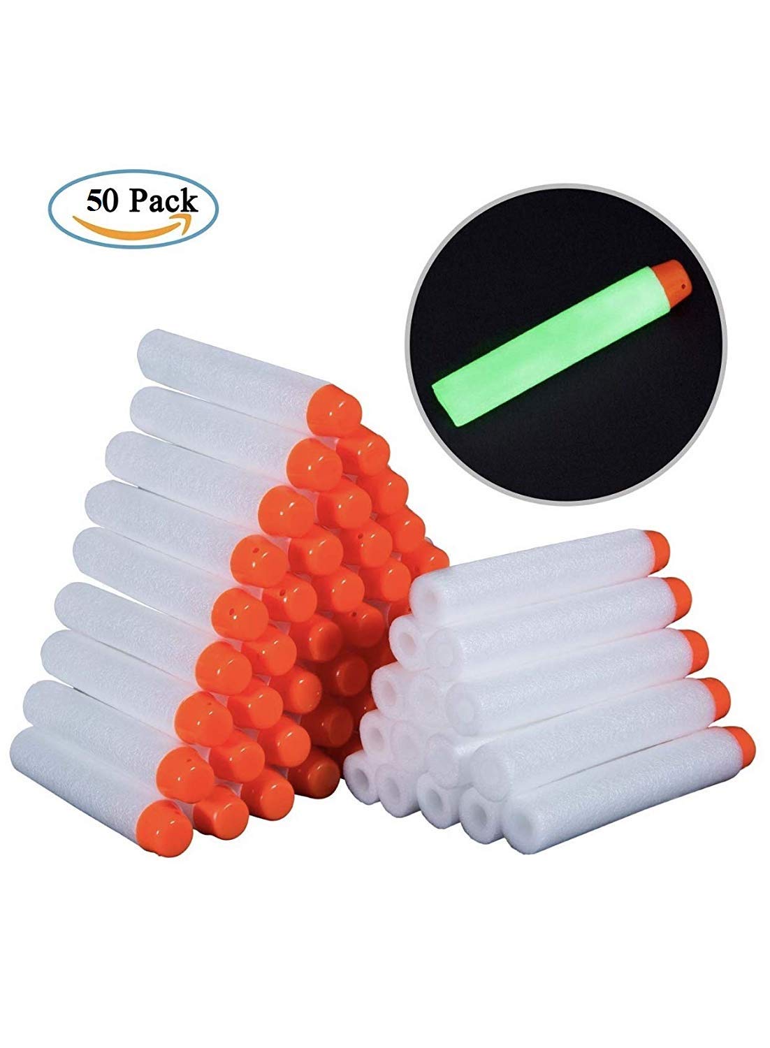 ZZ ZONEX 50pcs Hollow Out Soft Foam Refill Darts for Nerf N-Strike Elite Series Blasters(White, Glow in The Dark)