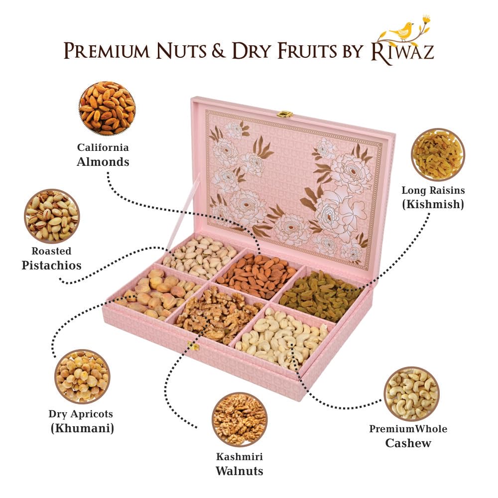 Riwaz Luxury Genda Flower Dry Fruit Gift Box | Premium Hamper with Almonds, Cashews, Pistachios, Walnuts, Raisins & Khumani | 6-Section Gourmet Assortment for Corporate, Wedding & Festive Gifting ( 650g ) 2