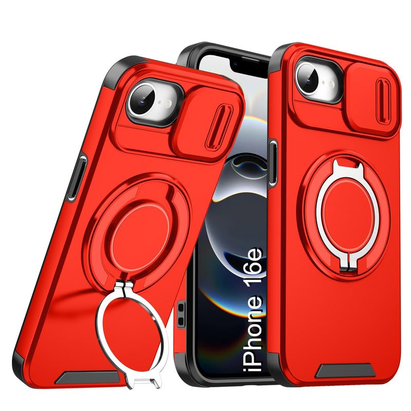 LuxuryKase Shockproof Rugged Case for iPhone 16e | Slide Camera Cover | 360° Rotating Ring Kickstand | Military-Grade Protection - Cherry Red