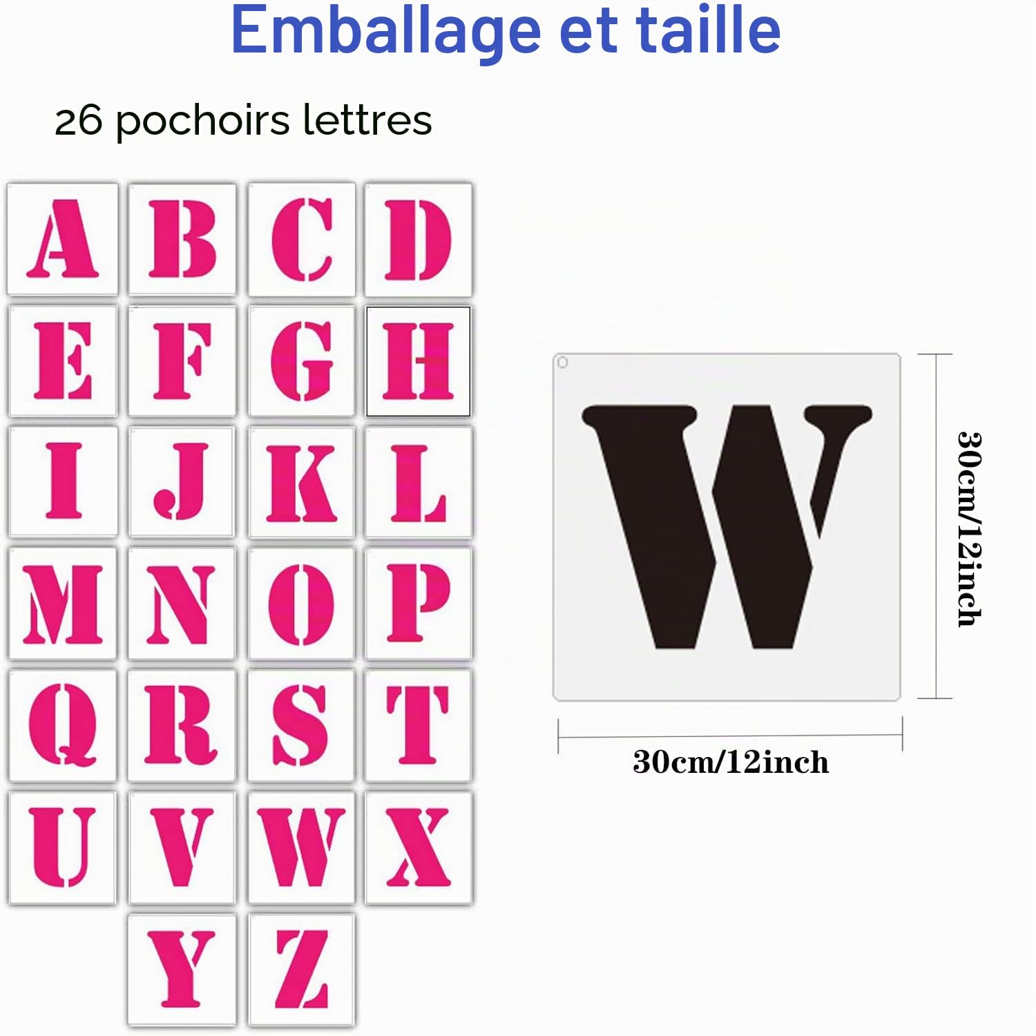 Ensemble de pochoirs à lettres de 12x12 pouces,26Pcs réutilisables à l'échelle de pulvérisation de pochoirs d'alphabet, modèles d'apprentissage pour la peinture, la décoration de mur en bois