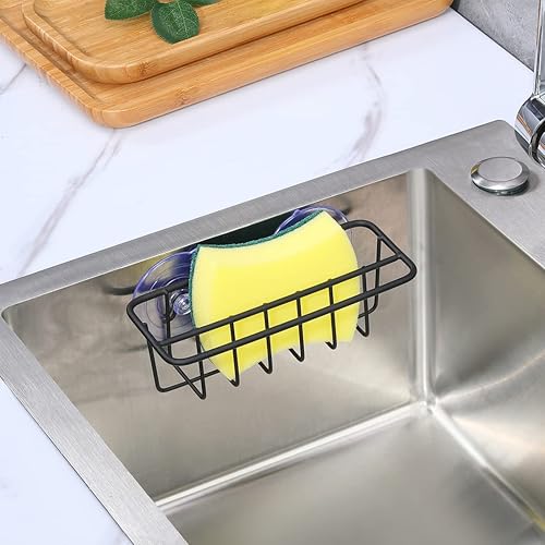 Miniatura 5 de Soporte de esponja para fregadero de cocina, colgador de paños de cocina, 2 opciones de suspensión (ventosas y gancho adhesivo), acero inoxidable