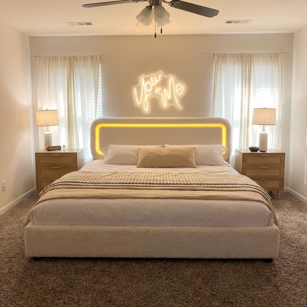 Homkdom Queen Bed Frame with Headboard,Soft Cloud Bed Frame Queen with Led Lights,Boucle Upholstered Queen Platform Bed Frame,Anti-Collision Round Corners,No Box Spring Needed,Modern,Beige