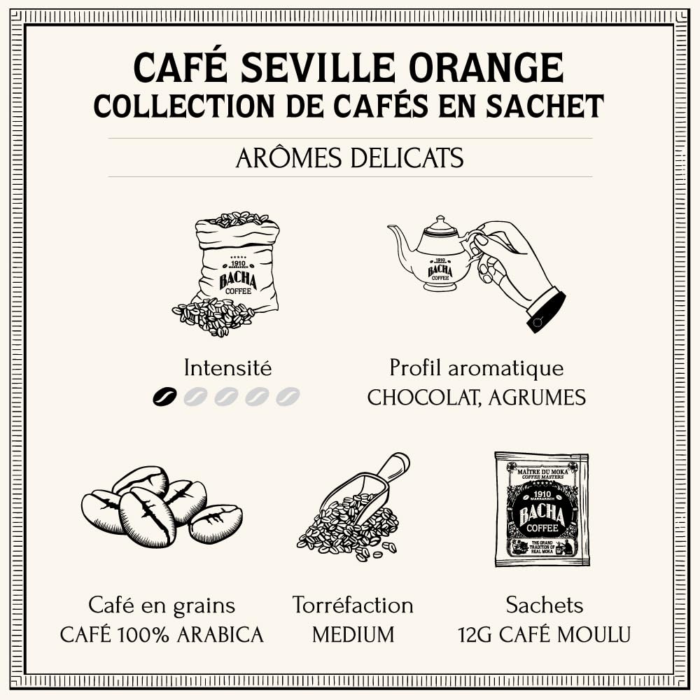 Bacha Coffee - Café Seville Orange Arômes Délicats - 12 Sachets de 12g | Arômes Chocolat, Agrumes - 100% Arabica avec filtre intégré - Torréfaction Medium - Caféiné
