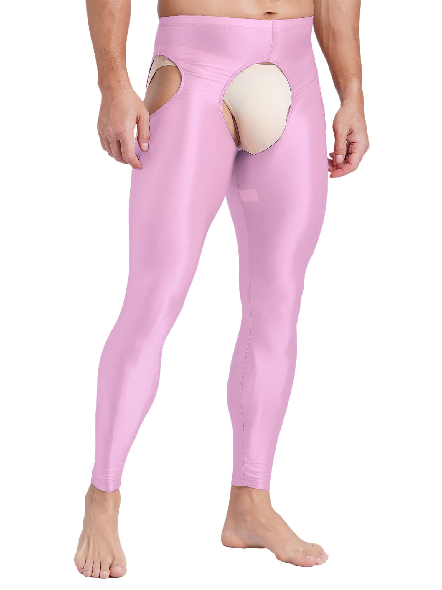 Vxuxlje Men's Oil Shiny Open Crotch Leggings High Waist Cut Out Leggings Compression Pants