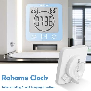 Rohome Digital Timer Waterproof Wall Clock, Kitchen Countdown Timer, Shower Clock with Temperature Humidity, Mirror Suction Cup Bathroom Timer, Wall Hanging for Bath Spa Basement Swimming Pool (Blue)