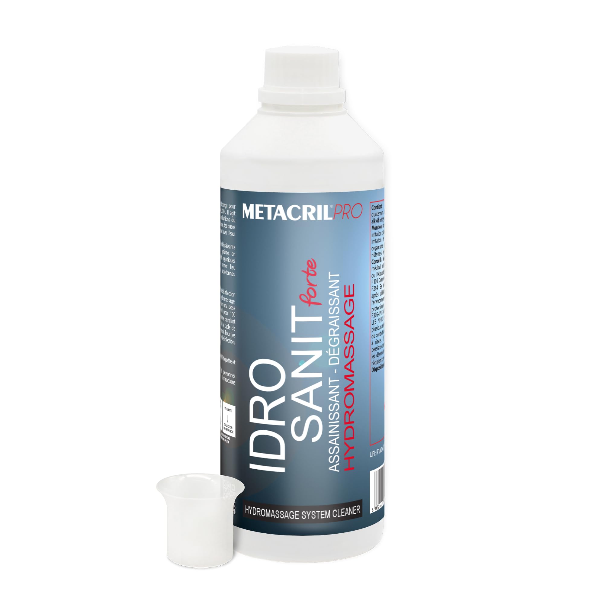 Metacril Pro kit de 2 piezas, Idro Sanit Forte 500ml + Idro Sanit Shock 1Lt + dosificador graduado, para la limpieza del sistema de hidromasaje | Juego de 2 productos específicos para el mantenimiento y limpieza profunda de instalaciones de spa y bañeras