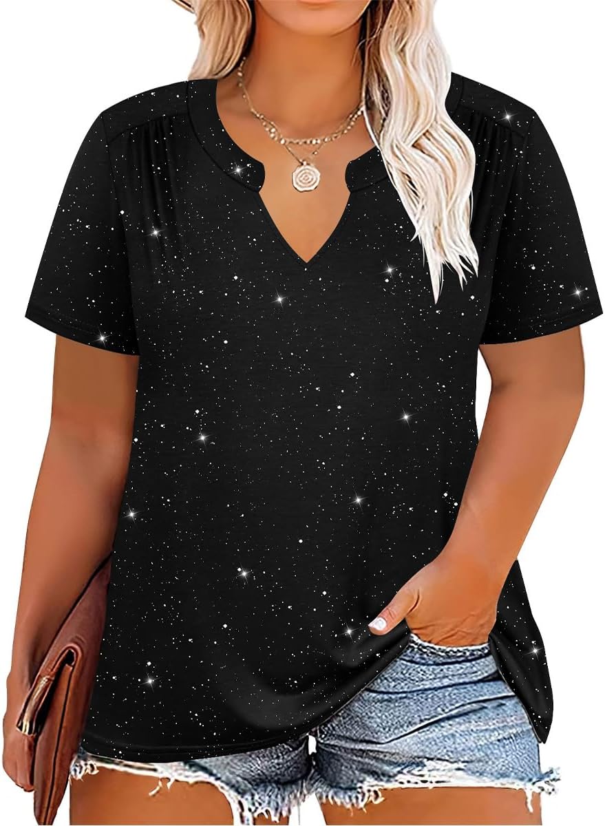 CARCOS Plus Size Tops for Women Summer Short Sleeve V Neck T Shirts Pleated Casual Business Tunic Blouses XL-5XL