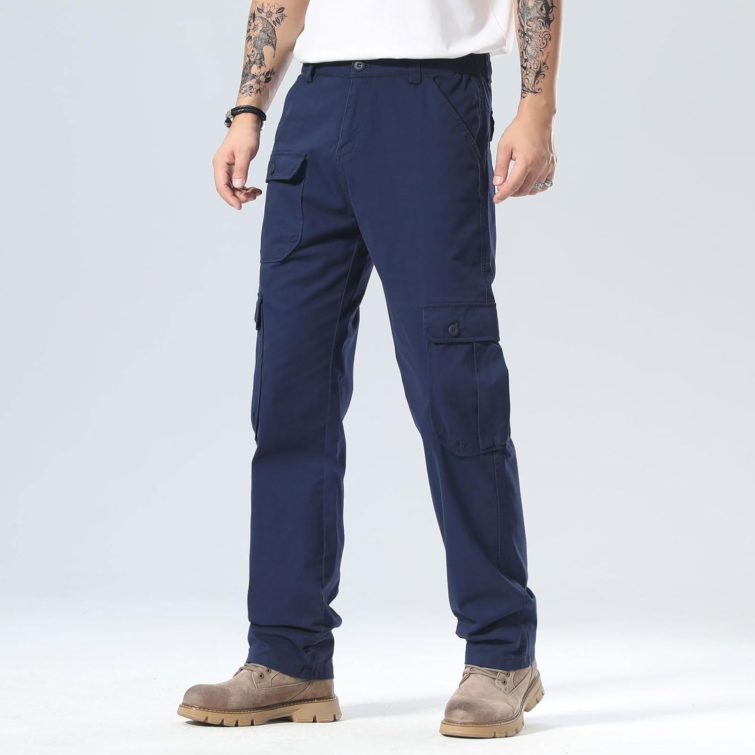 Plaid&Plain Men's Cargo Pants Relaxed Fit with Extra Front Pocket and Oversized Belt Loops LSC013 Navy Blue 30WX32L - Image 3