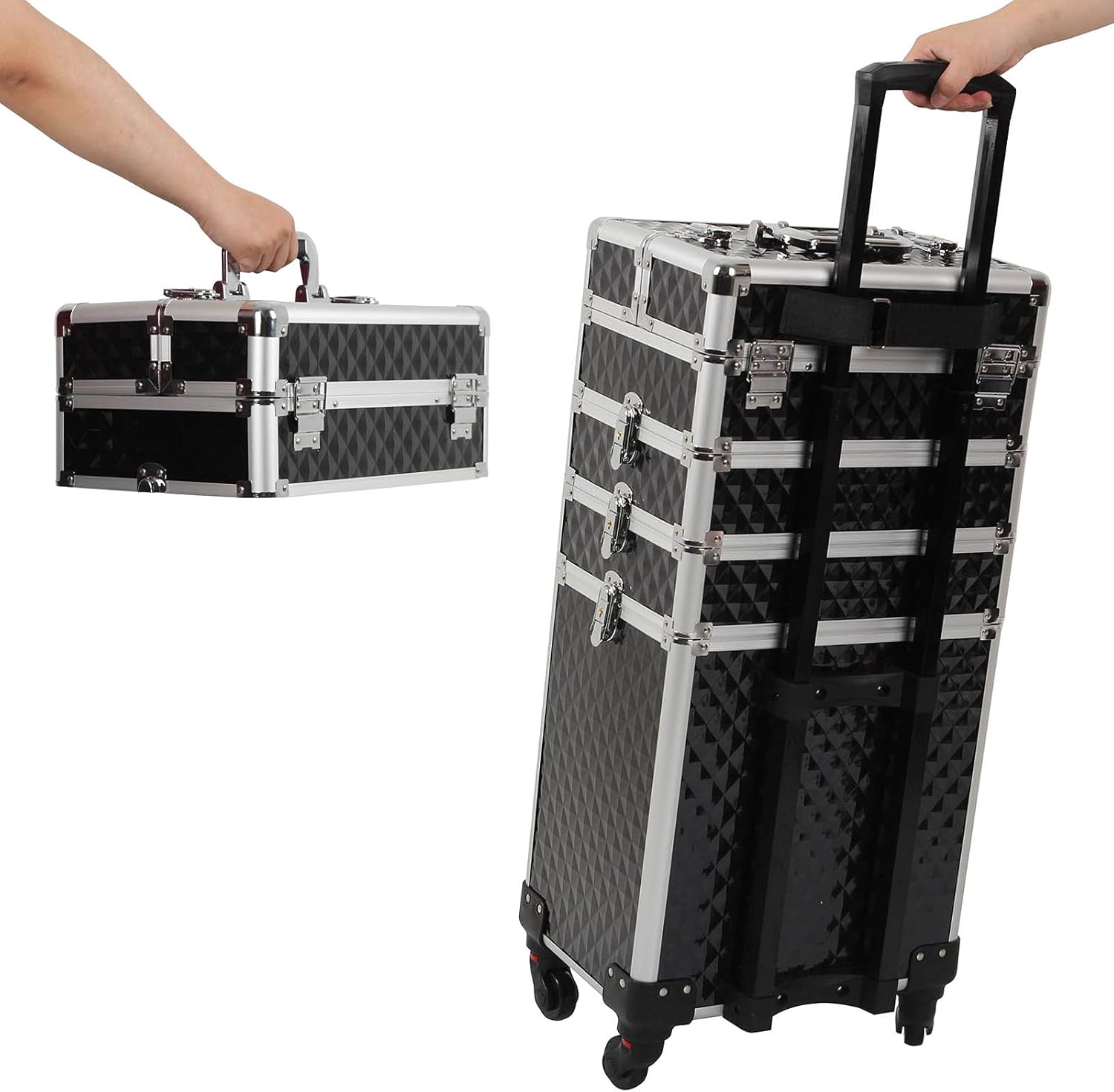 4 in 1 Professional Makeup Train Cases Large Storage Cosmetic Case 4 Wheels Lockable Rolling Makeup Trolley Diamond Surface (BLACK)
