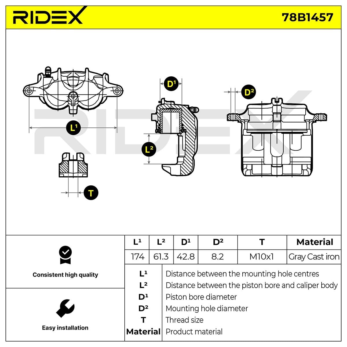 RIDEX 78B1457 Pinza de freno Delantero Derecha Delantero con pistón sin bastidor de soporte Compatible con NISSAN TERRANO II R20