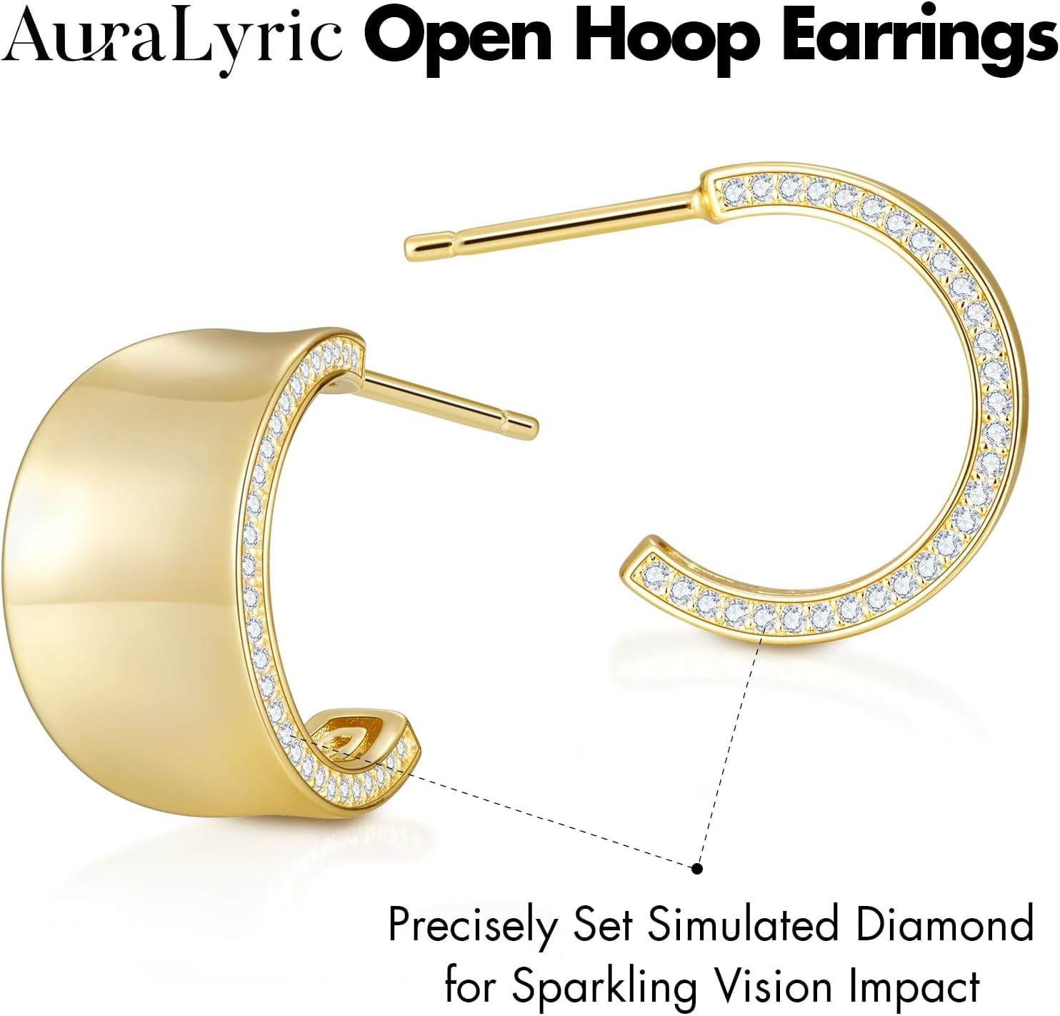Chunky Gold Earrings for Women, Wide Half Hoops 14K Gold Plated Non Tarnish, Lightweight Hypoallergenic Earrings Sterling Silver Posts, Birthday Easter Gifts for Wife Mom Girlfriend
