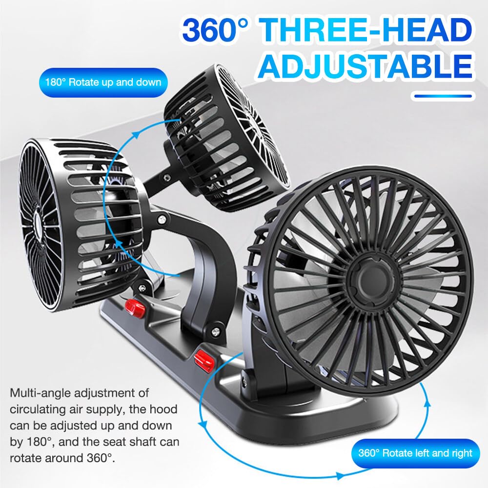 Ventilateur de Voiture USB 5V, Ventilateur De Voiture à Trois Têtes, Ventilateur Réglable en Rotation à 360° avec à 2 Vitesses, Ventilateur De Voiture Silencieux pour Camions Fourgons SUV, RV