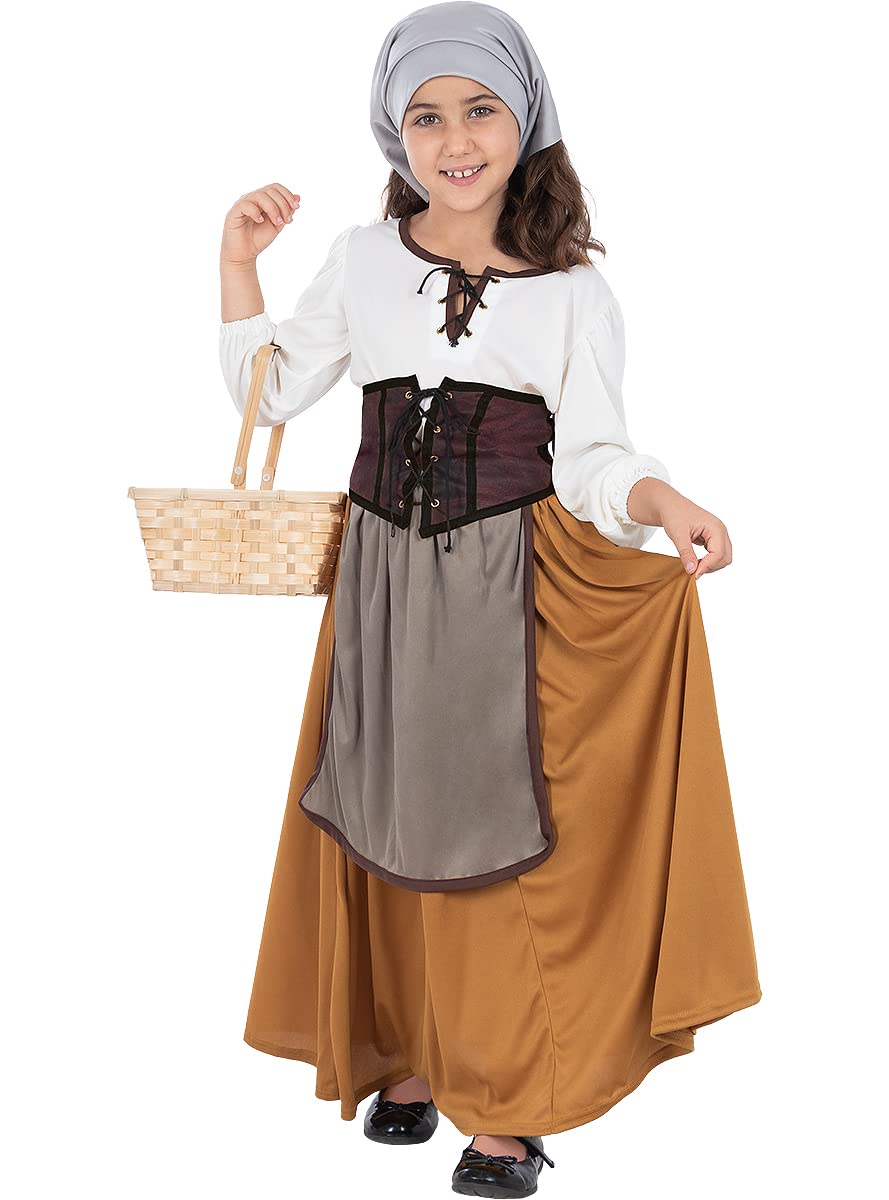 Funidelia | Disfraz de campesina medieval para niña Edad Media, Campesino - Disfraz para niños y divertidos accesorios para Fiestas, Carnaval y Halloween - Marrón