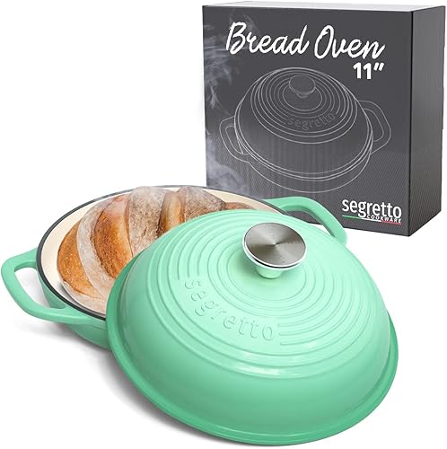 Molde de hierro fundido esmaltado con tapa, horno de pan verde de 11 pulgadas, molde para hornear masa madre de hierro fundido, horno holandés para