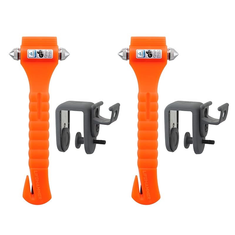 Martelo de Emergência Lifehammer com Cortador de Cinto e Suporte Laranja, Pacote com 2