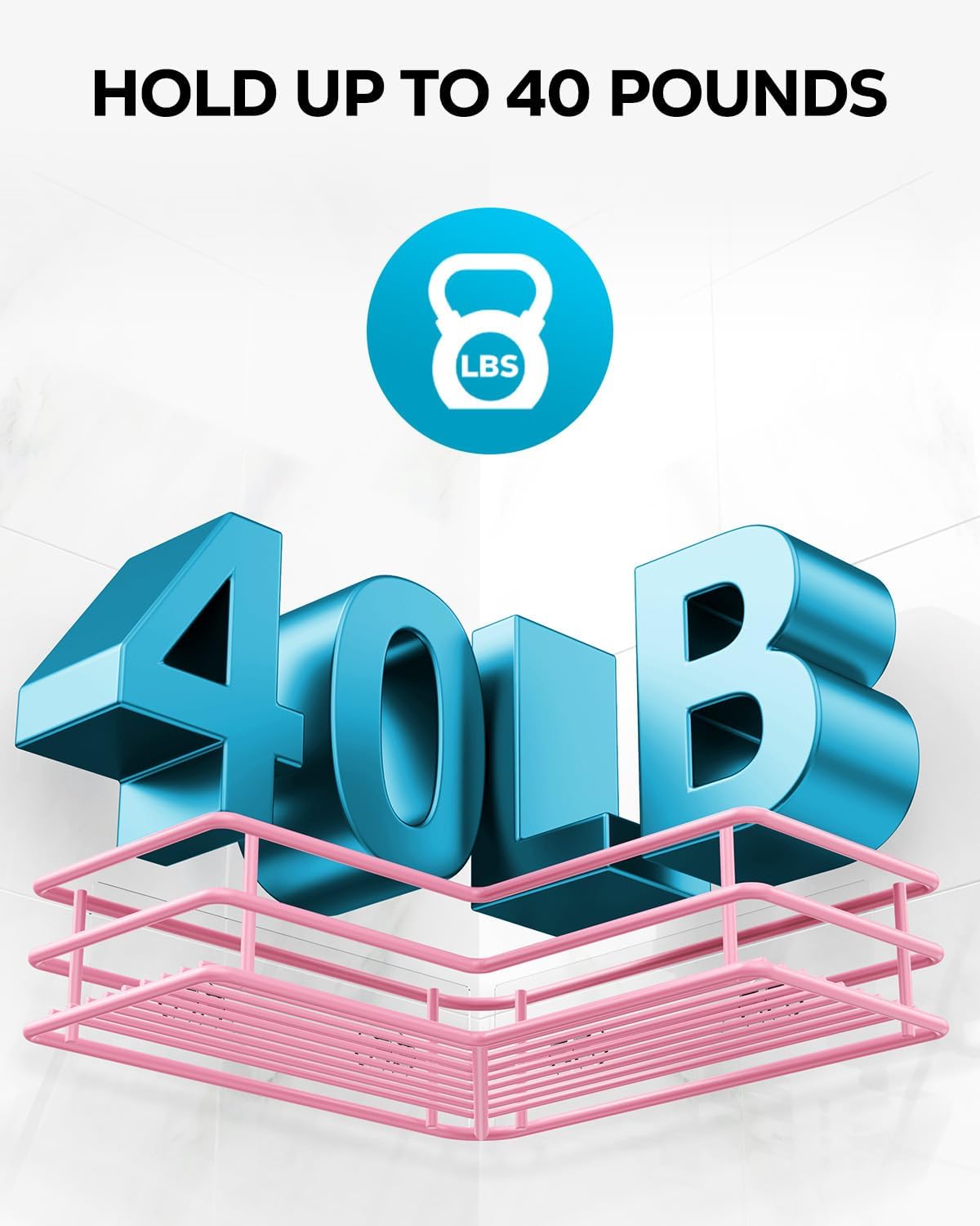 Nieifi Adhesive Corner Shower Caddy Shelf Basket Rack with Hooks, Rust Proof Stainless Steel Bathroom Shelf Shampoo Holder No Drilling (Pink) - Image 5