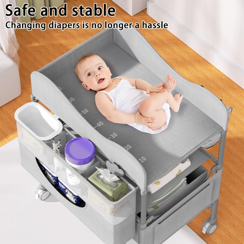Baby Changing Table, Versatile Foldable Changing Table, Waterproof Diaper Changing Station, Adjustable Height with 2 Drawers,Baby Changing Station, Mobile Nursery for Infant and Newborn