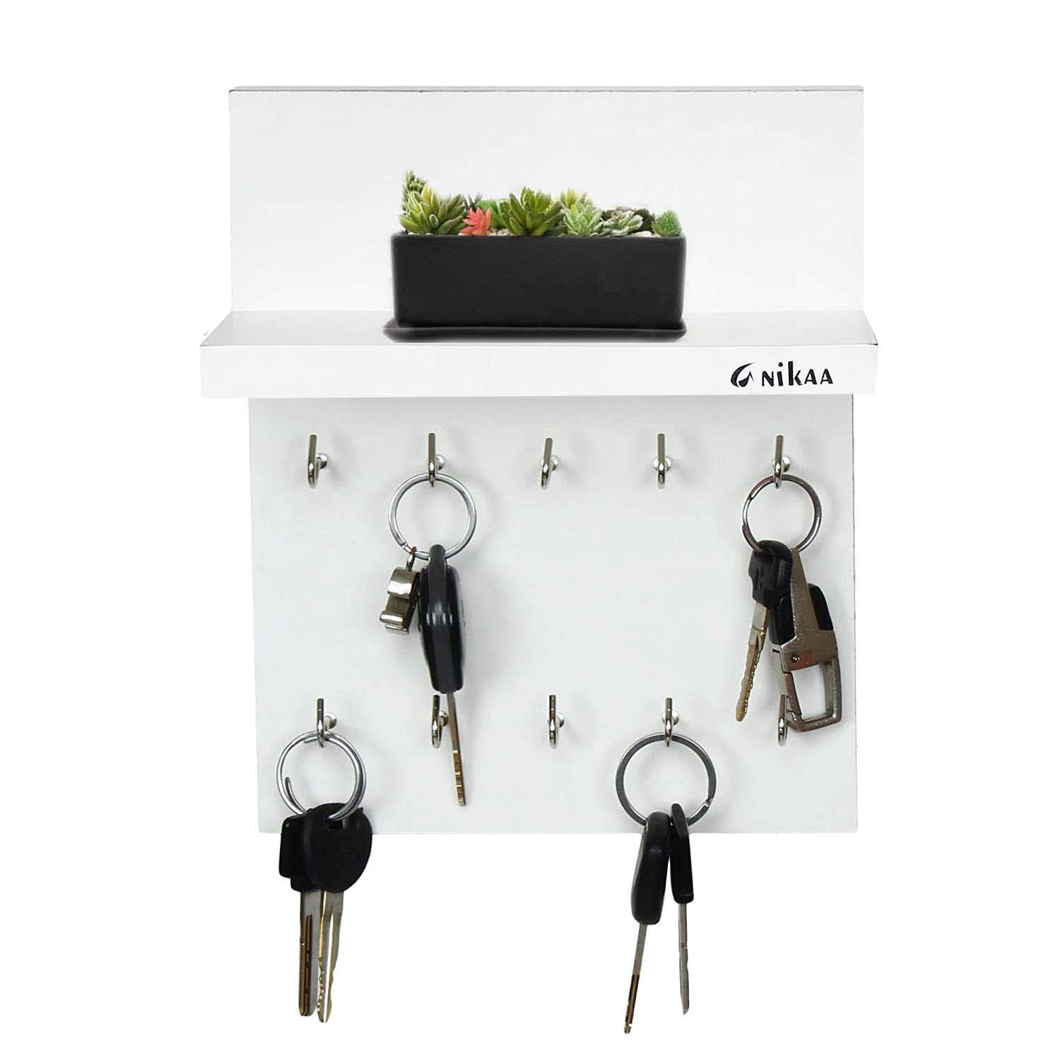 Anikaa Aldo Engineered Wood Key Holder Stand Wall Hooks Stand Wall Mounted Key Holder Key Chain Hanger Wall Hanging Key Holder Key Holder with Shelf (White) D.I.Y
