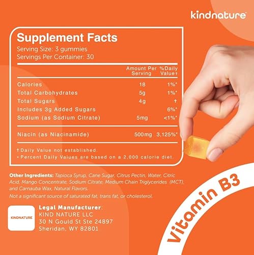 Miniatura 7 de kindnature Gomitas de niacina con vitamina B3  Suplemento de niacinamida sin rubor de 500 mg  Veganas, sin OMG, bajas en calorías, sin gluten, soja,