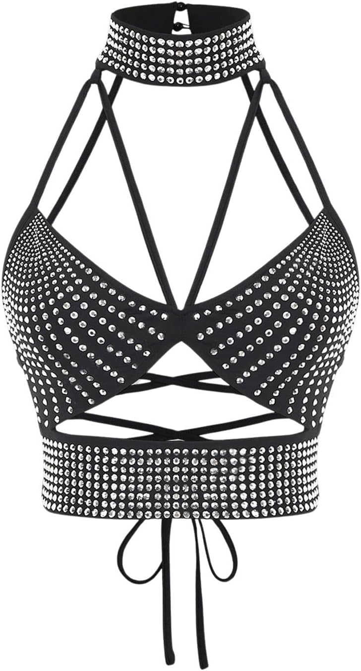 OYOANGLE Women's Rhinestone Beaded Cut Out Camisoles Sleeveless Strappy Backless Party Crop Top Going Out Tops