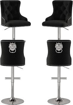 Velvet Bar Stools Set of 4, Adjustable Height, Sleek Chrome Base, Black