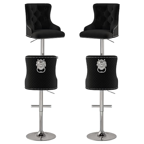 GOOLON Velvet Bar Stool Set of 4 Lion Pull Ring Swivel Chair for Kitchen Counter Nailhead Upholstered Barstools Height Adjustable Barstools with Chrome Base for Dining Room Kitchen Black - Black (Silver Base) - Set of 4