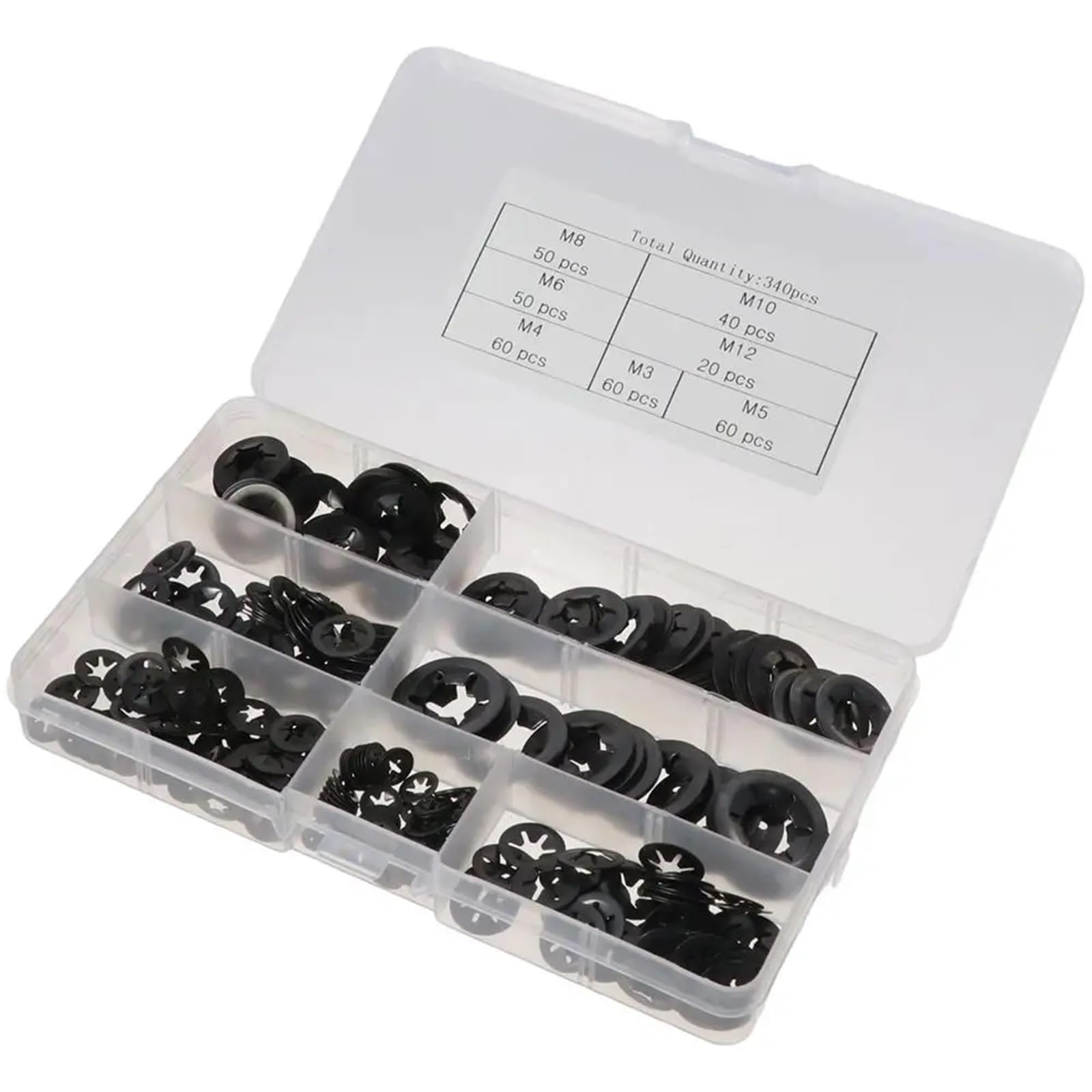 340 pezzi M3/M4/M5/M6/M8/M10/M12 Rondelle di sicurezza dentate 65Mn interne in acciaio nero 7 misure