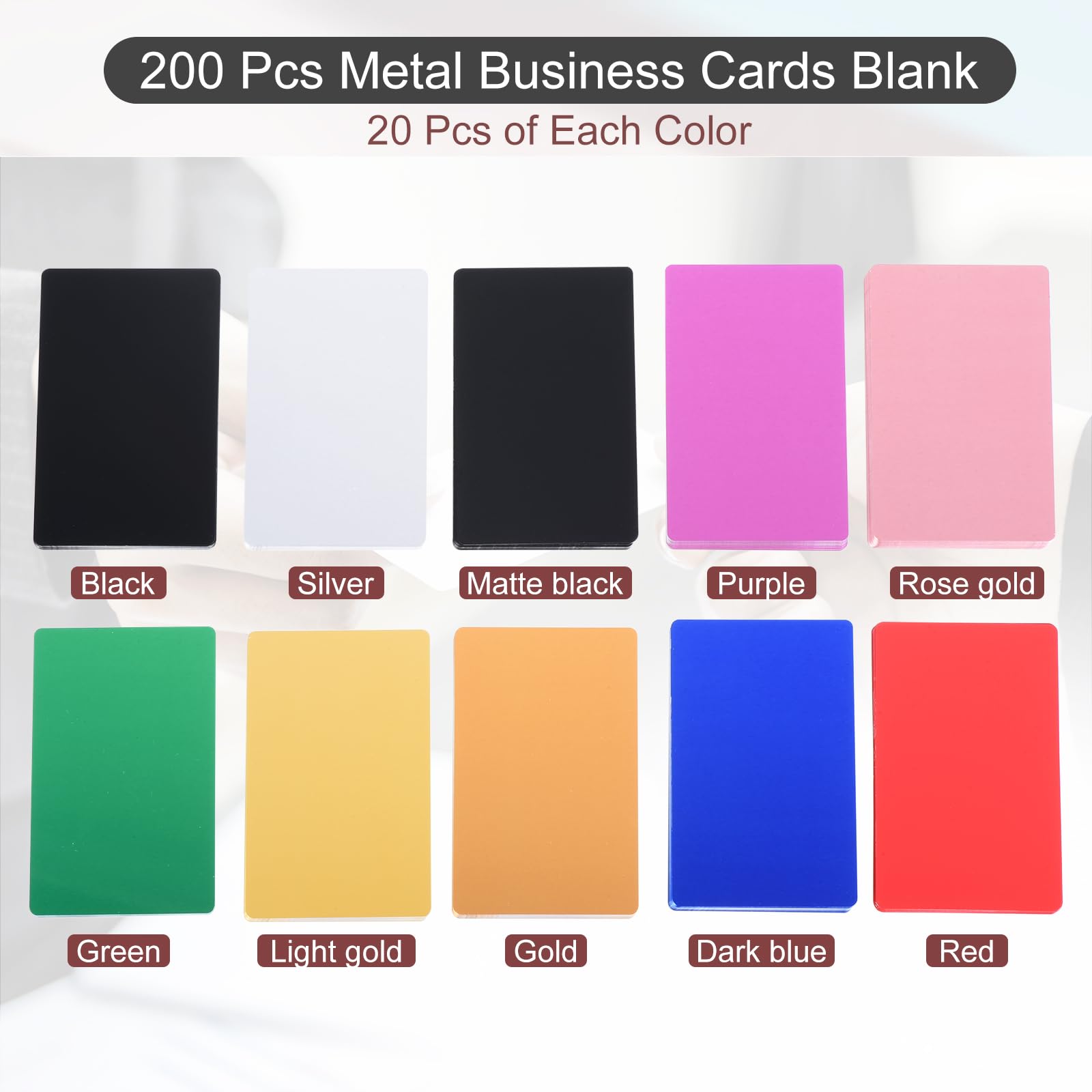 PATIKIL 200 Paquete Metal Visita Tarjetas En Blanco, 0,21mm Grosor 3,4x2,1 Pulgadas Aluminio laser Grabar Imprimible Nombre Tarjeta para Personalizado Bricolaje, 10 Colores