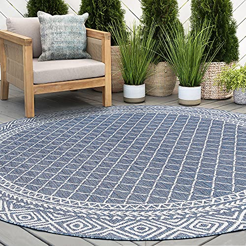 Water & Fade Resistant 8ft Round Indoor Outdoor Rug for Patio, Deck, Porch, Entryway | Outside Area Rugs for Patios | 7'10'' Round Blue