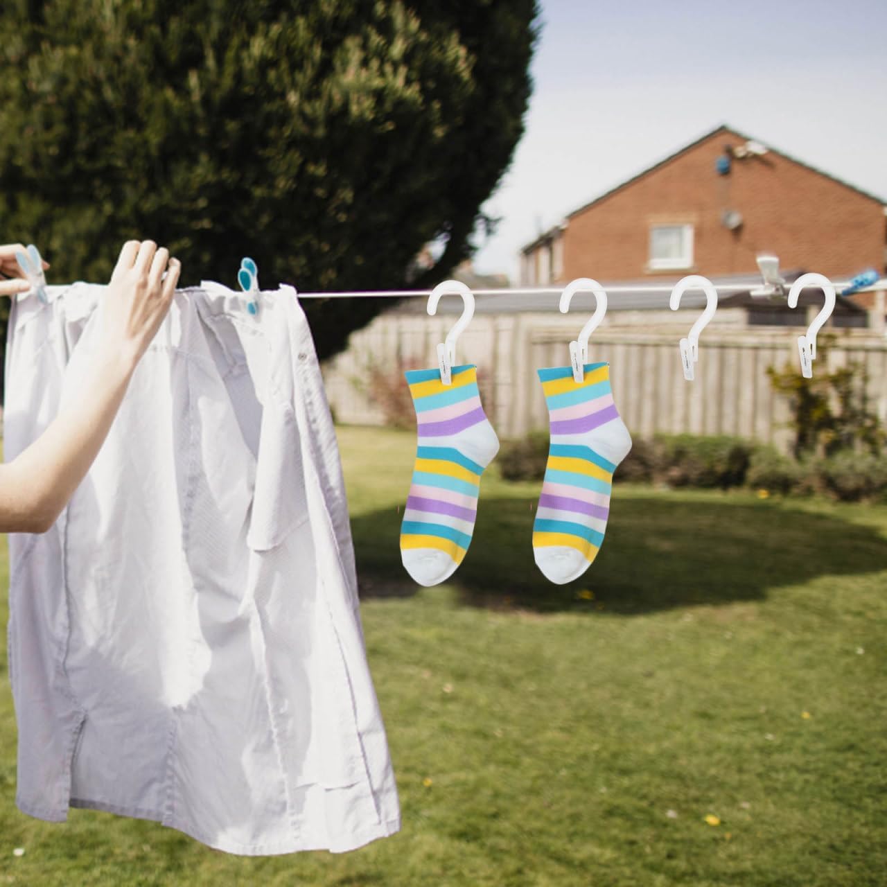 12Pcs Laundry Hooks with Clips, White Clothespins for Socks, Bras, Towels, Multipurpose Hanging Clips for Home Use