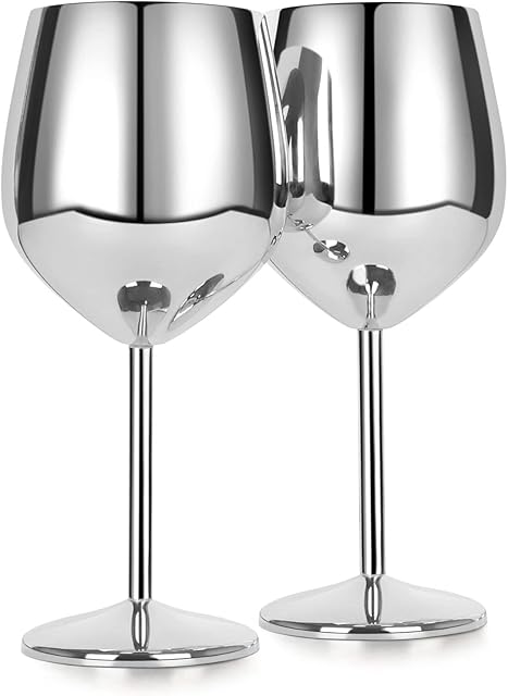 Silver Wine Glasses Stemmed Metal Stemmed Wine Glasses 18 oz Unbreakable Goblets for Outdoor, Anniversary and Wedding Toasting Elegant Silver Tone Drinkware for Champagne (Set of 2)