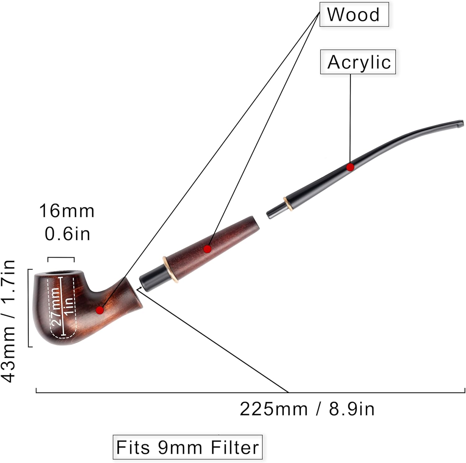 Dr. Watson - Churchwarden Wooden Tobacco Pipe, Hand Carved, Fits 9mm filter, Comes with Pouch, Boxed (Lady Blues)