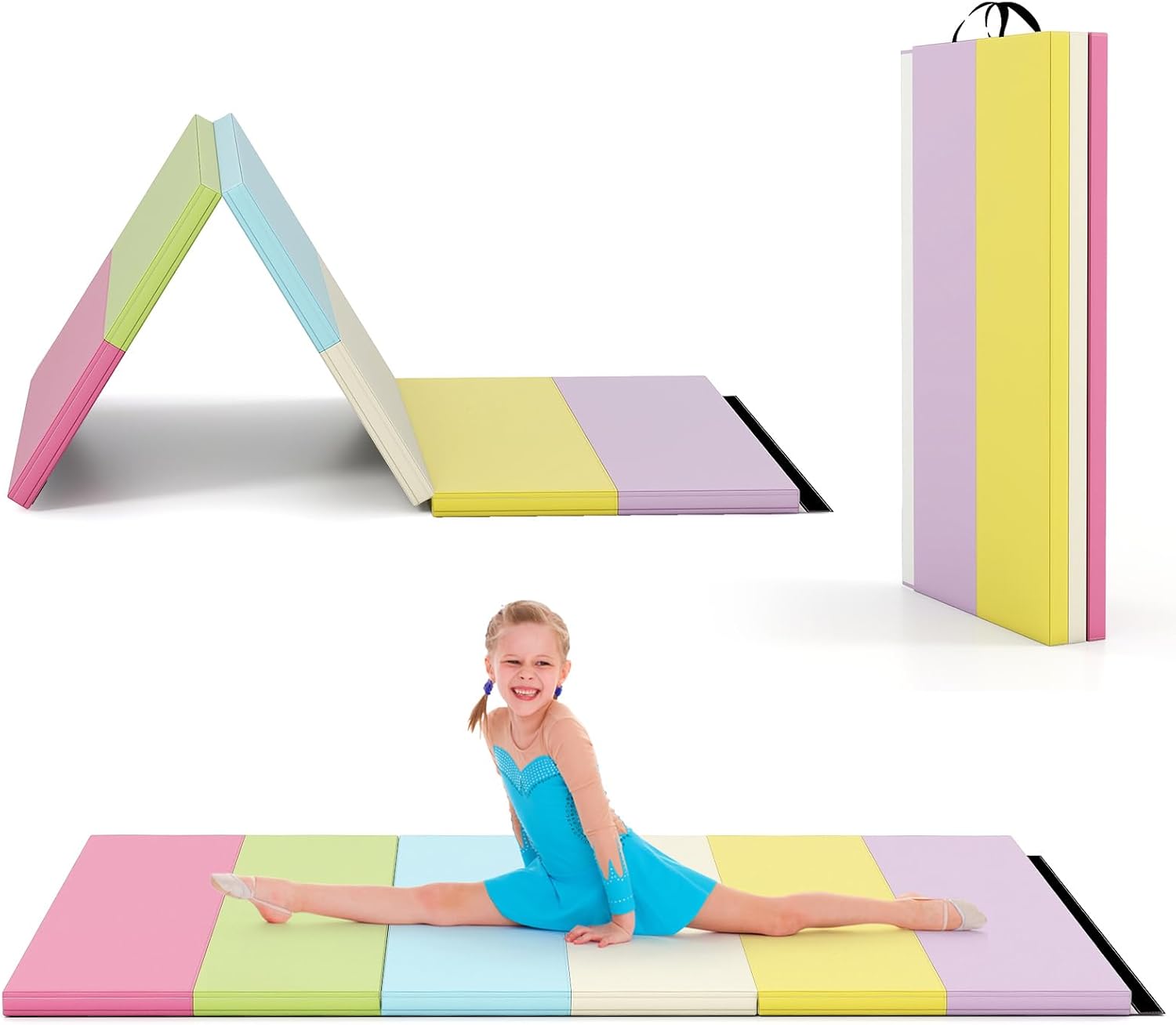 Goplus Gymnastics Mat, 6'x4' 3-Panel/6.6'x2.5' 5-Panel Folding Tumbling Mat w/Carrying Handles, Hook&Loop Fastener, Portable PU Leather Rainbow Exercise Mat for Home Gym Aerobics Yoga
