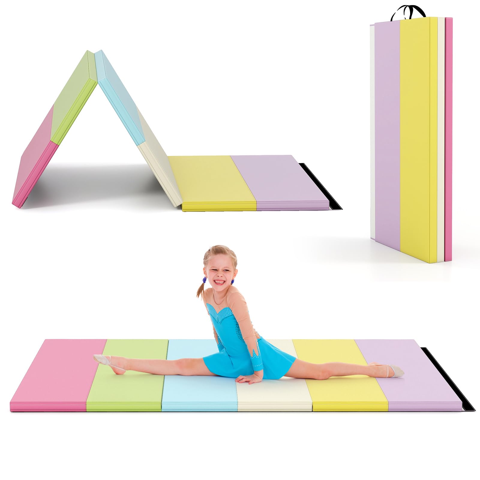 FANTASK Klappbare Weichbodenmatte, 180 x 120cm, Fitnessmatte aus PU 3 fach faltbar, Weichbodenmatte mit Tragegriff, Sportmatte Spielmatte zuhause für Kinder Erwachsene, Macaron