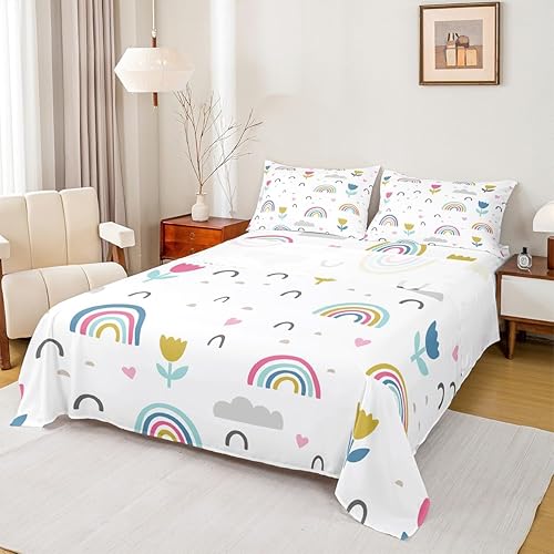 Erosebridal Juego de sábanas Kawaii Rainbow tamaño individual para niños, lindas sábanas de flores arcoíris coloridas a rayas florales para niñas y