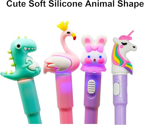 Miniatura 5 de Maydahui 8 bolígrafos luminosos con luz LED de silicona, flamenco, unicornio, conejo, dinosaurio, bolígrafos iluminados para la escuela, oficina,