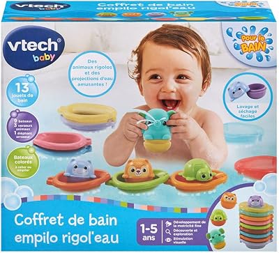 VTech - Coffret de Bain Empilo Rigol'Eau, 13 Jouets de Bain Bébé, Animaux Rigolos, Éléphant Arroseur, Bateaux à Relier et Empiler, Cadeau Enfant Fille et Garçon Dès 1 an - Contenu en Français