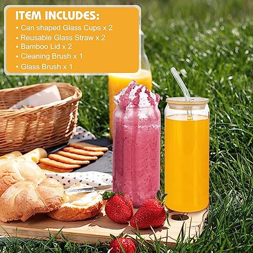 UHAPEER 2 Pack Can Shaped Glass Cup with Bamboo Lids & Glass Straw, 22oz/660ml Drinking Glasses Cup - Image 2