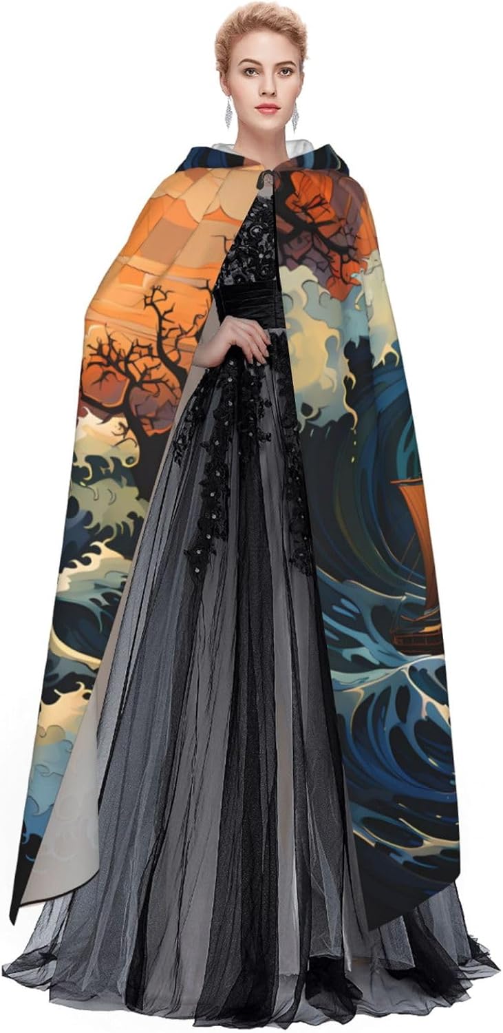 Unisex Full Length Hooded Halloween Christmas Party Robe Cloak Cape Cosplay Costume Men Women Sea and Sail Prints Black