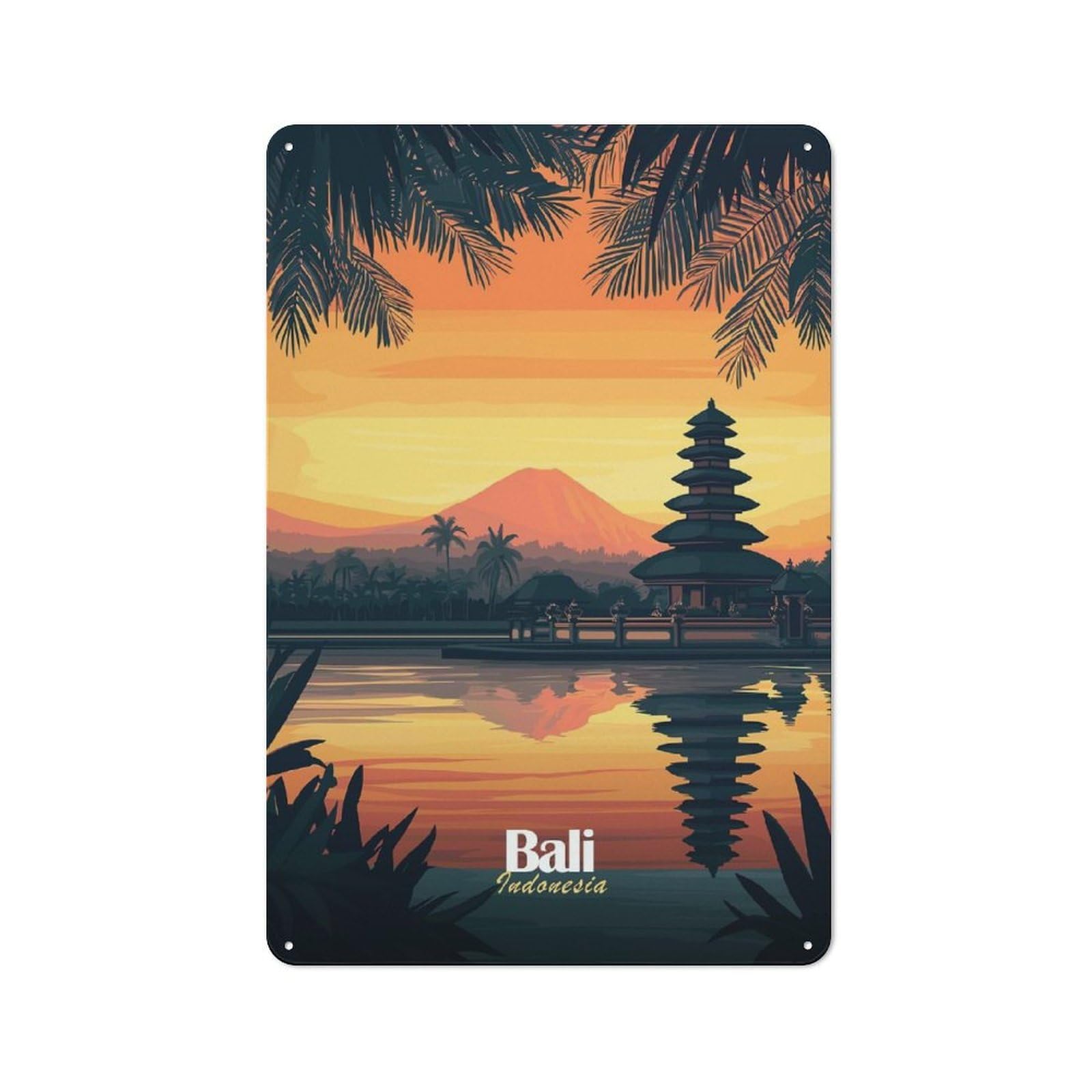 Junmoney Style Retro Metal Wall Sign 30X20cm With Bali Temple Sunset For Home Bar Wall, A Decorative Gift For A Newly Furnished Home Bar