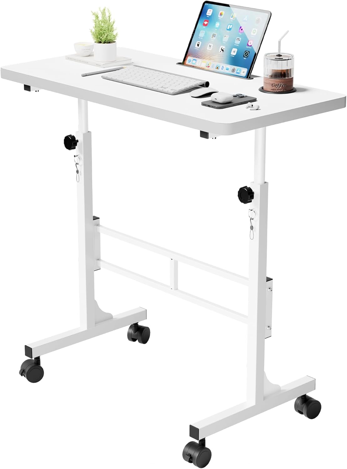 Furmax Small Portable Standing Desk Adjustable Height, Mobile Stand Laptop Computer Workstation with Lockable Wheels for Walking Pad Treadmill (White)
