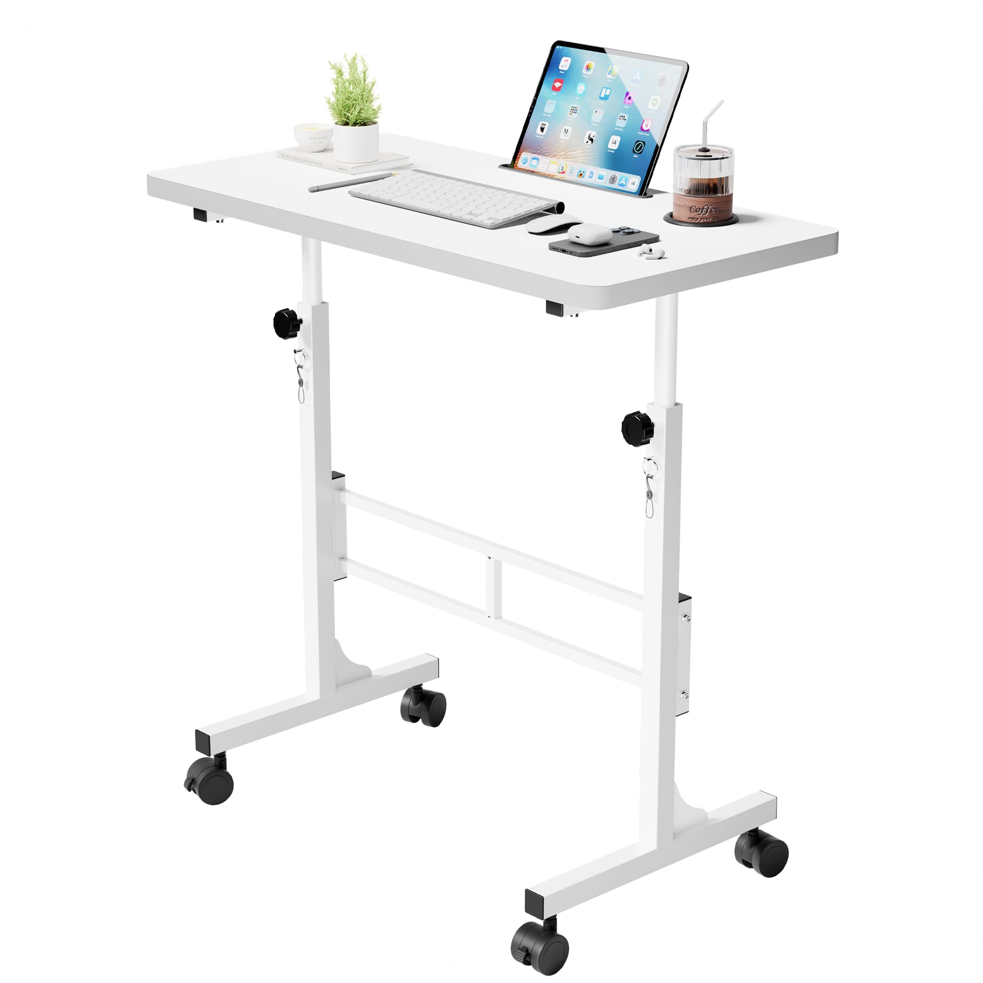 Furmax Small Portable Standing Desk Adjustable Height Mobile Stand Laptop Computer Workstation with Lockable Wheels for Walking Pad
