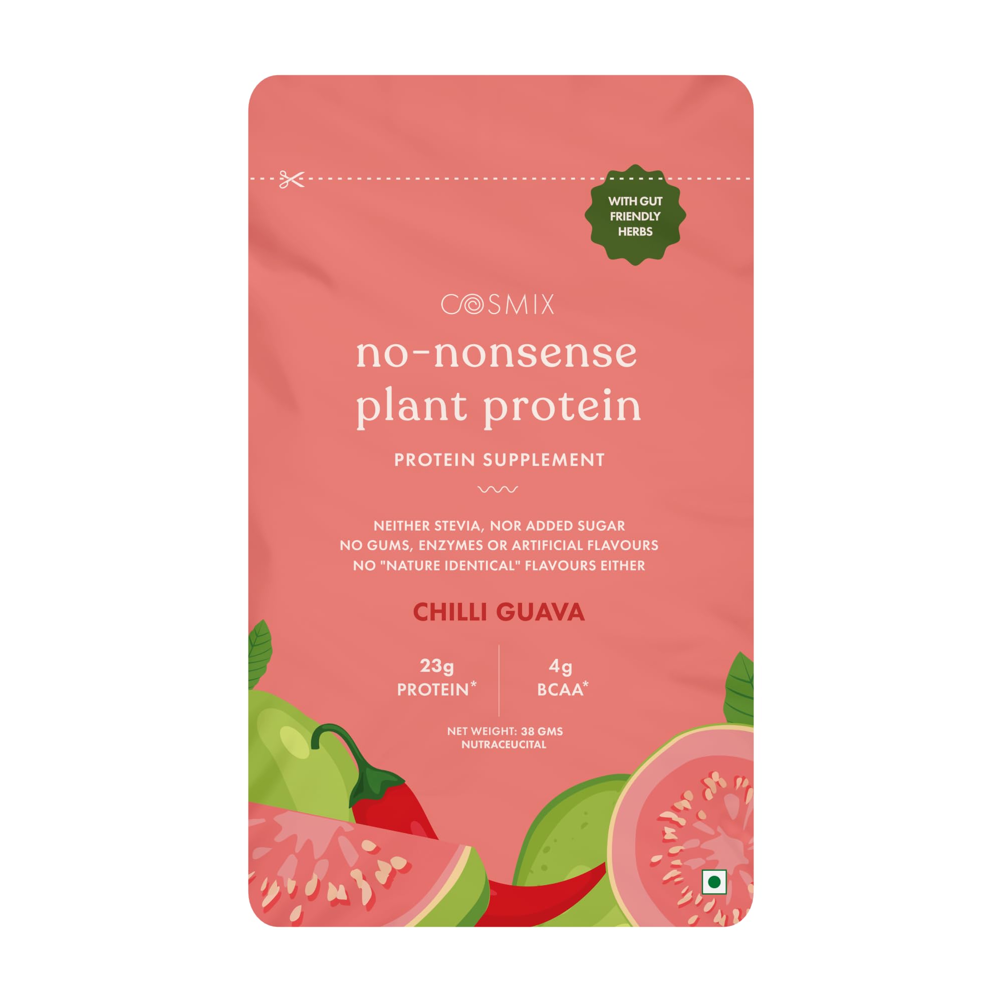 Cosmix No-Nonsense Plant Protein | 23 Protein/Serve,| Chilli Guava | Plant Based Protein, Pea & Rice Isolate | Clean Vegan Protein| 4g BCAA/Serve | All Essential Amino Acids | Sachet - 38gm-image-38