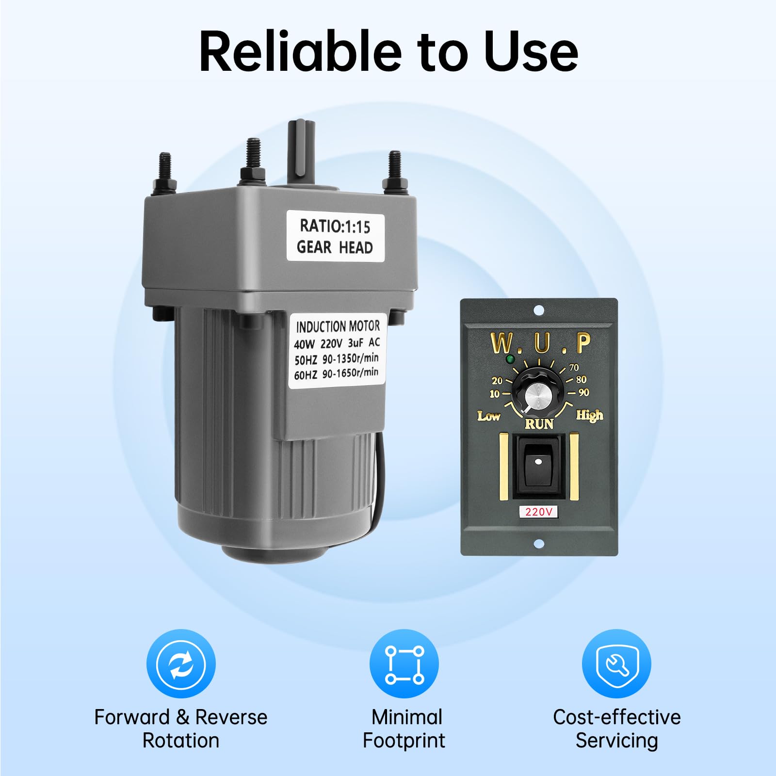 Motor de accionamiento Motor eléctrico corriente alterna 40W 220V, motor de accionamiento ajustable de alto par ajustable con regulador de velocidad, 1:15 (15 K), 90 U/min