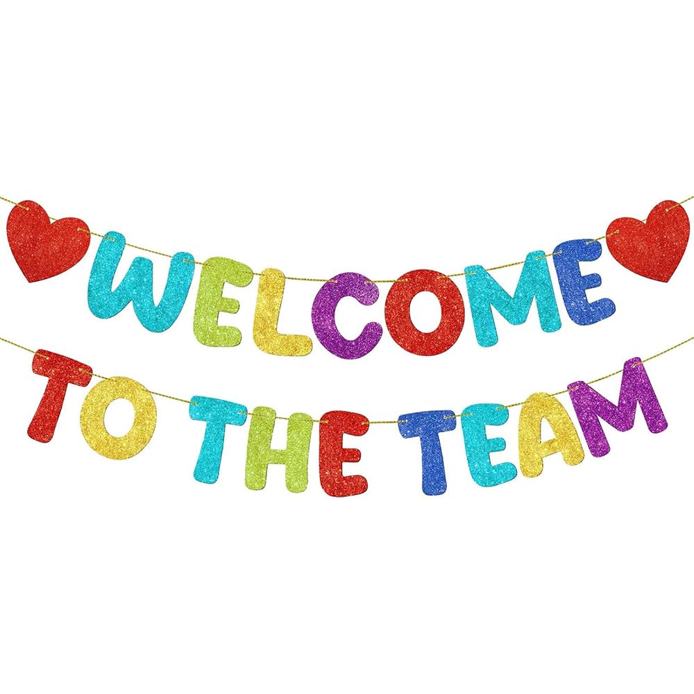 Pre Strung Welcome to The Team Banner with Two Heart Signs, NO DIY, Glitter Welcome Party Supplies for New Employee, Coworker, Colleague, Staff, Team Member Office Decorations (Colorful)
