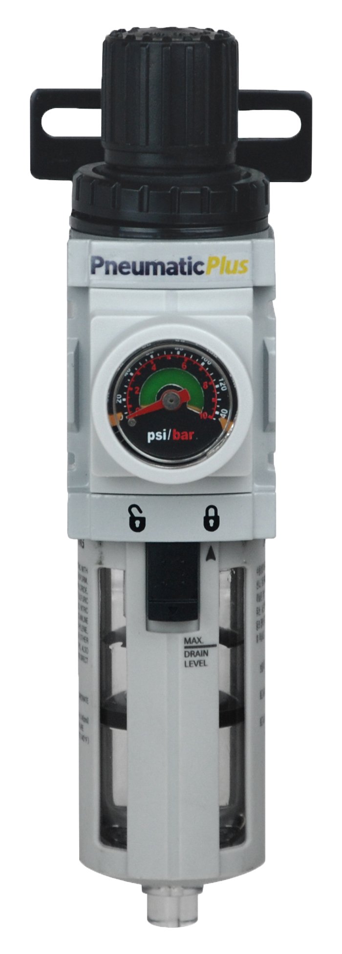 PneumaticPlus PPP2-N02BG Regulador de filtro de aire miniatura Piggyback Combo 1/4" NPT – 5 micras, Cuenco de poliéster, drenaje manual, manómetro incrustado