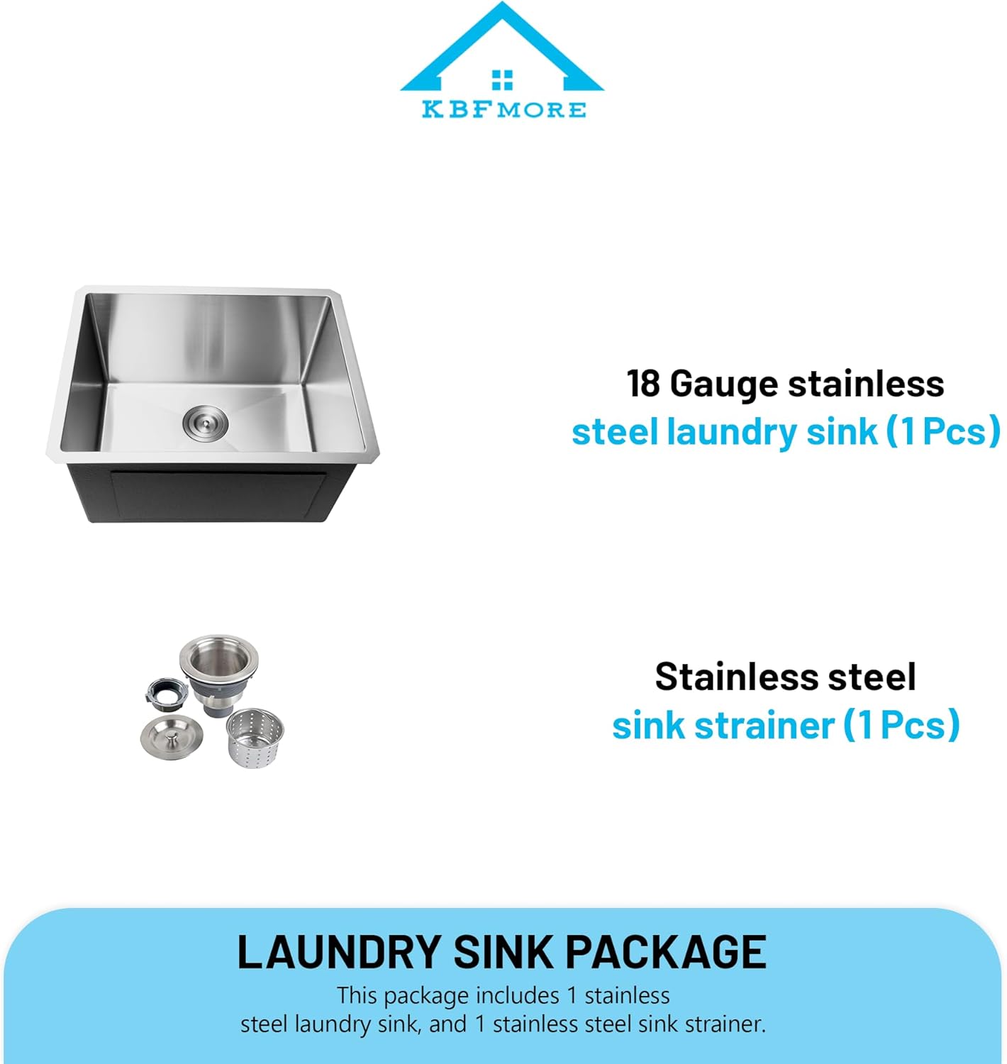 KBFmore 23 Inch Undermount Scratch and Soundproof Stainless Steel High Capacity Single Bowl Laundry Utility Sink with 12 Inch Depth and a Sink Strainer with Removable Garbage Basket