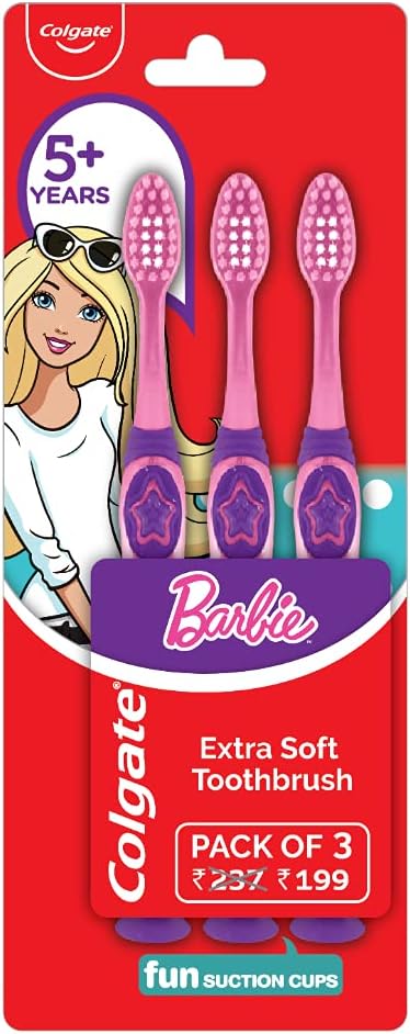 Colgate Barbie Extra Soft Toothbrushes with Tongue Scraper (Pack of 3), Multi-Colour