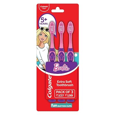 Colgate Kids Barbie Toothbrush, Extra Soft with Tongue Cleaner (Pack of 3) Kid Manual Multicolor